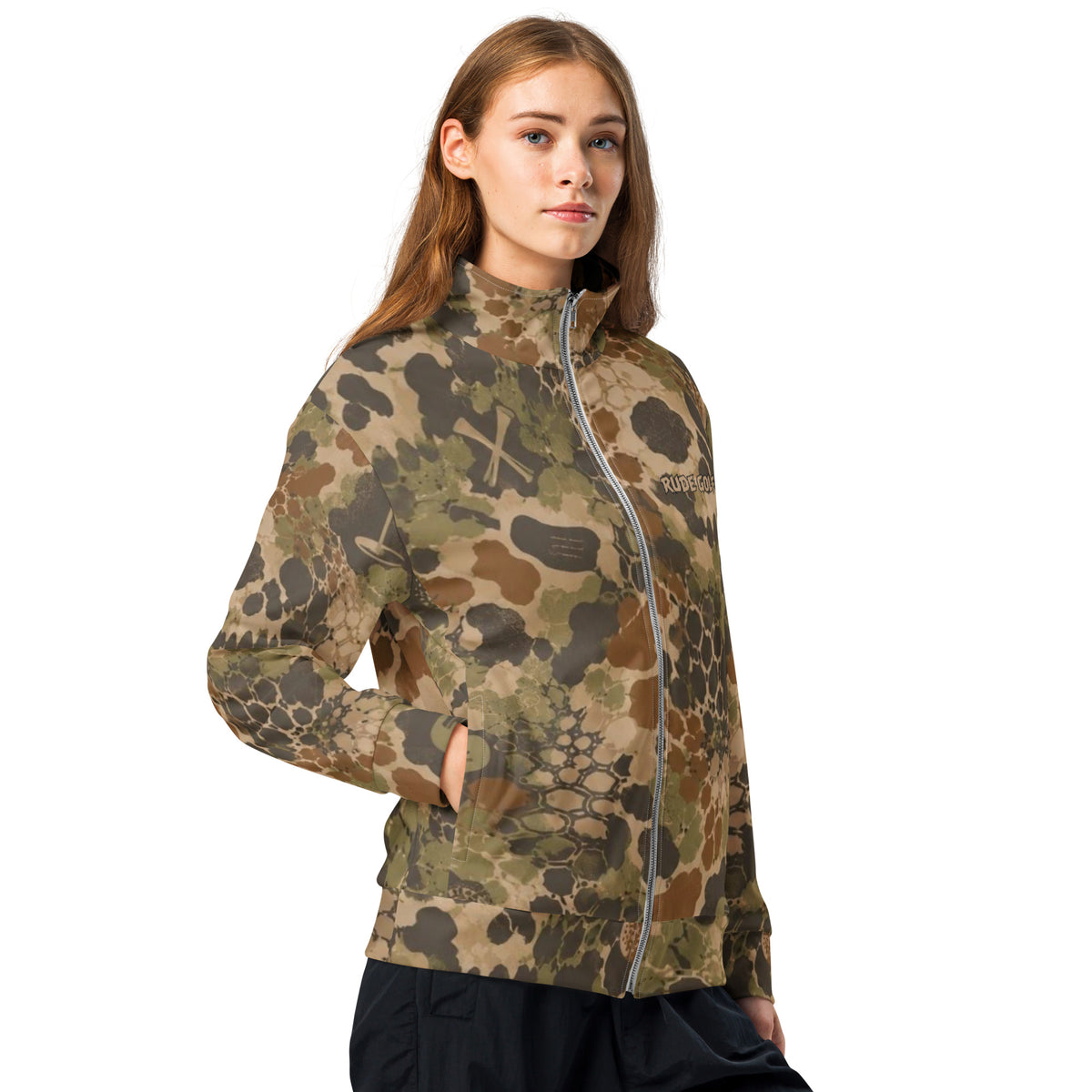 SO RUDE — Hex Skull Camo Track Jacket — right front view