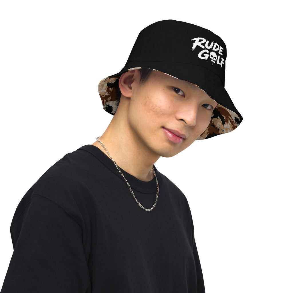 DOUBLE TROUBLE — Reversible Skull Camo Bucket Hat — right front view