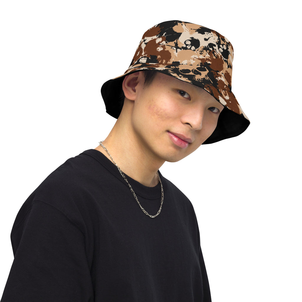DOUBLE TROUBLE — Reversible Skull Camo Bucket Hat — right front view
