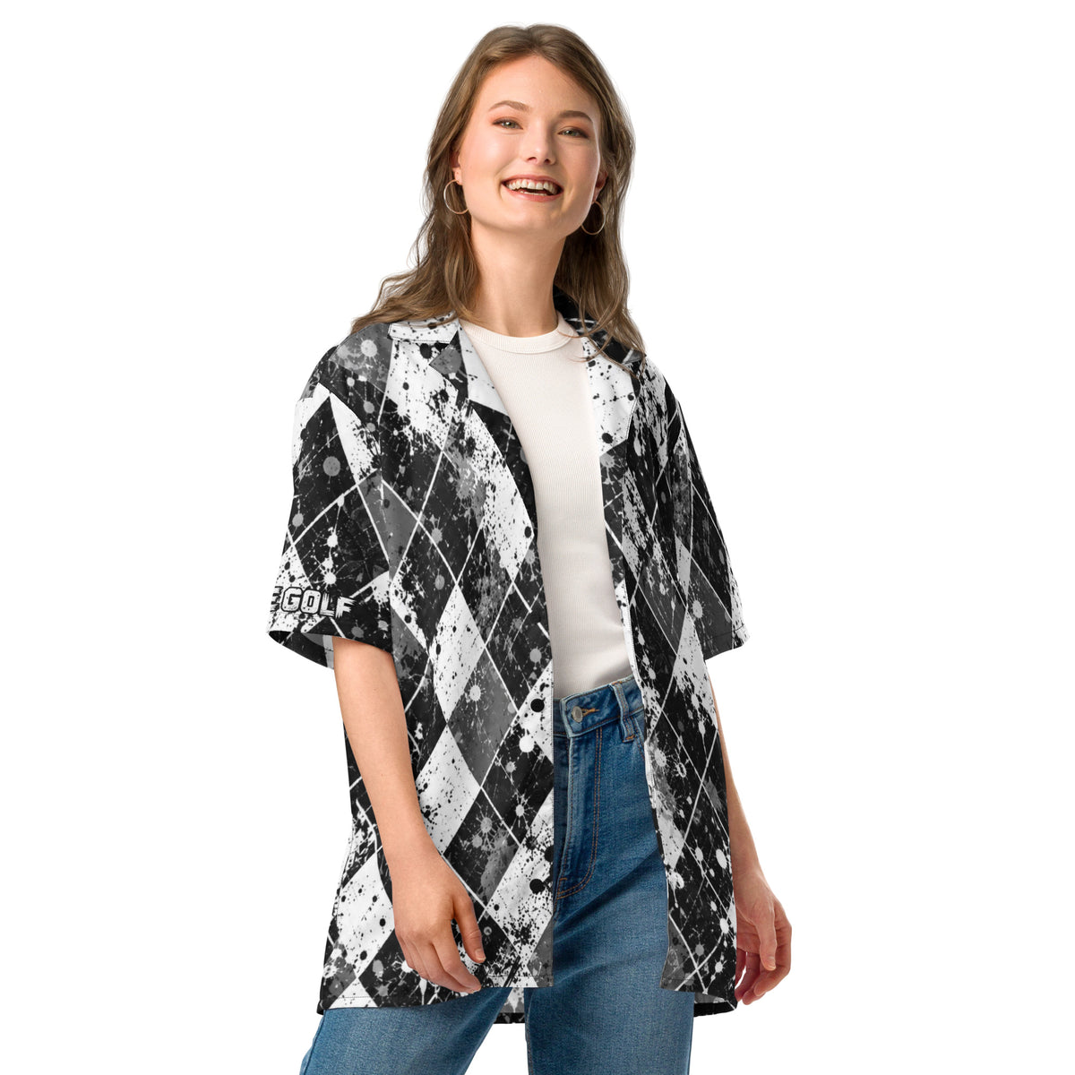 BLACK EYE ARGYLE — Distressed Golf Button-Up — front view
