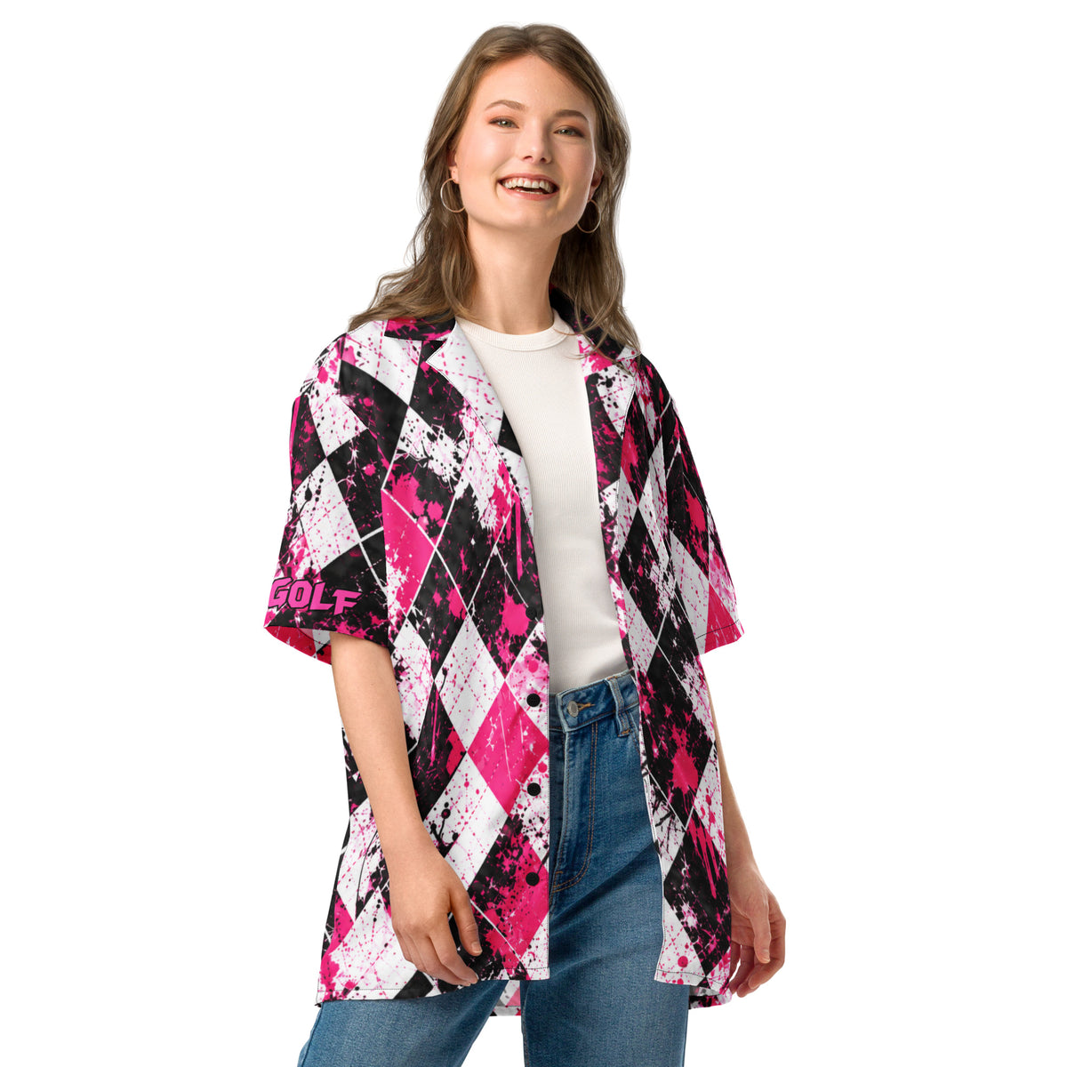 PINK SLIP — Pink Argyle Golf Button-Up — front view
