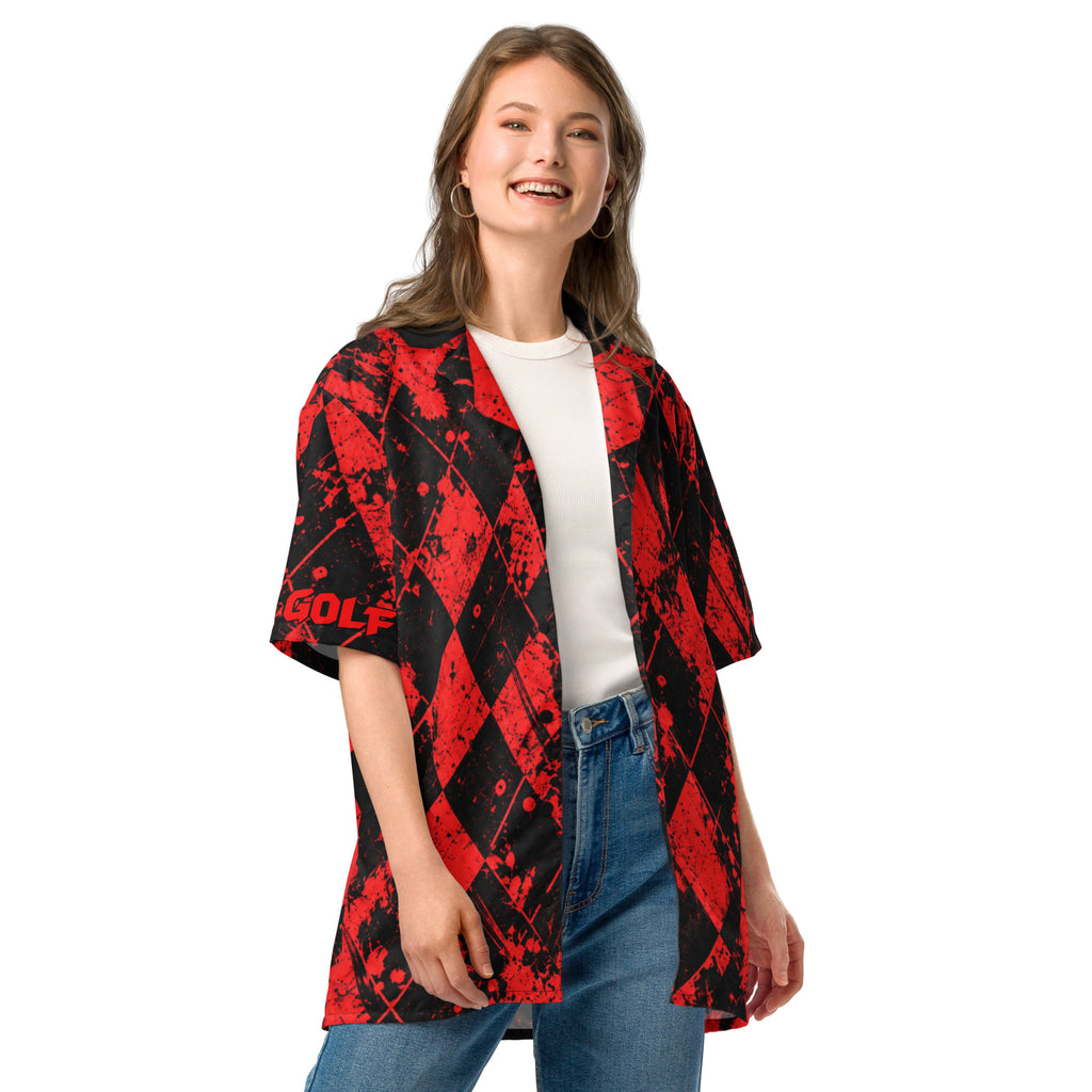 BLOOD IN THE WATER Black & Red Argyle Golf Shirt Unisex button shirt — front view