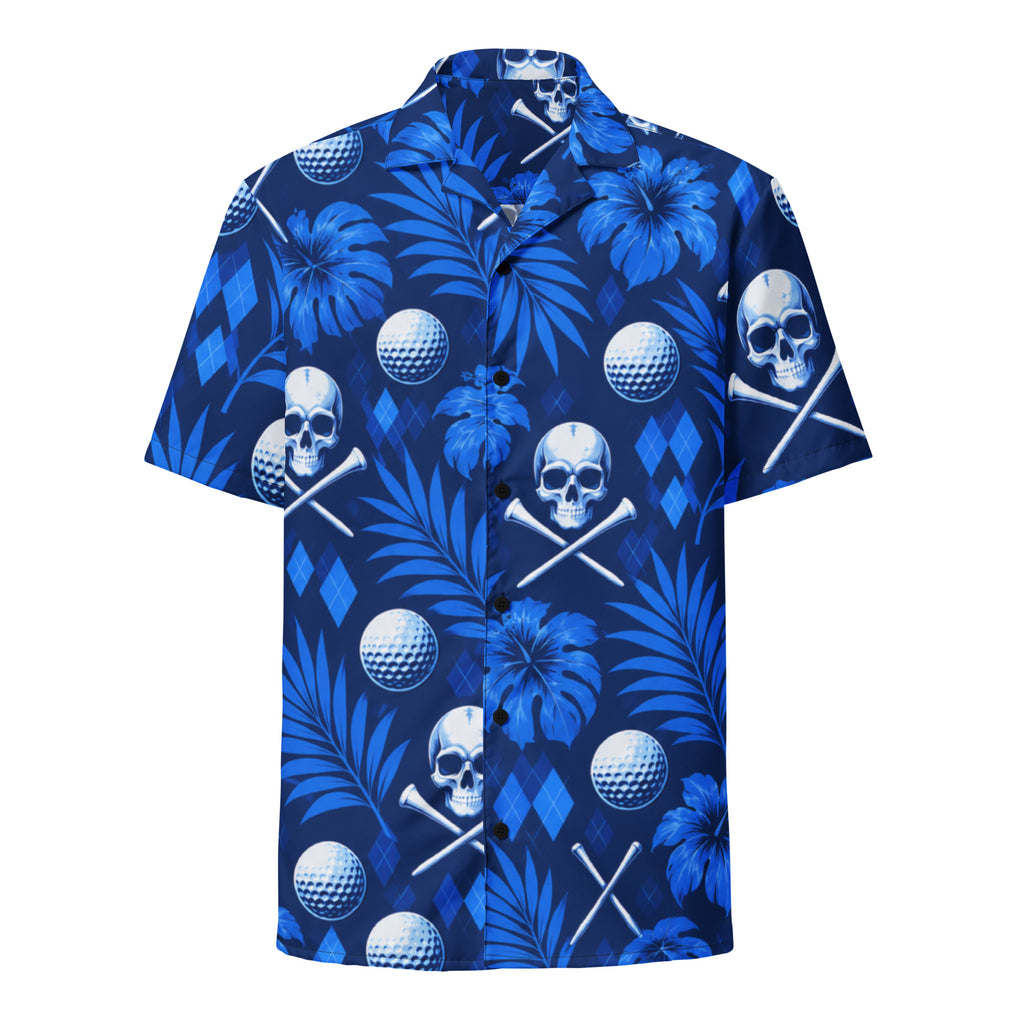 BLUE REAPER — Skull Hawaiian Golf Shirt — front view