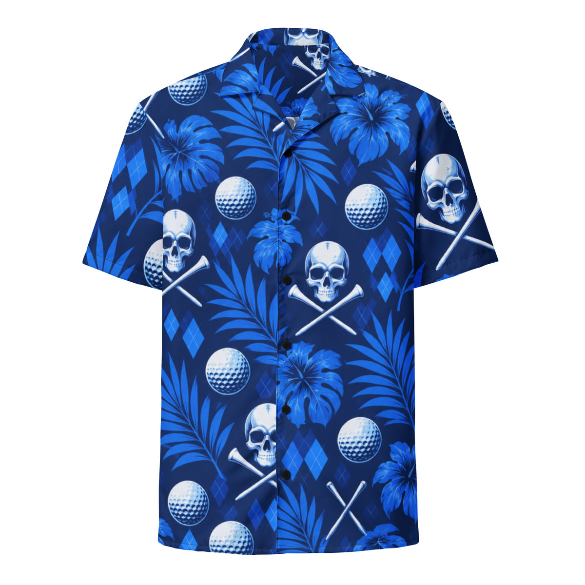 BLUE REAPER — Skull Hawaiian Golf Shirt — front view