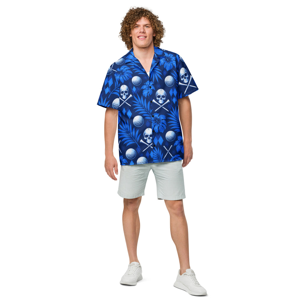 BLUE REAPER — Skull Hawaiian Golf Shirt — front view