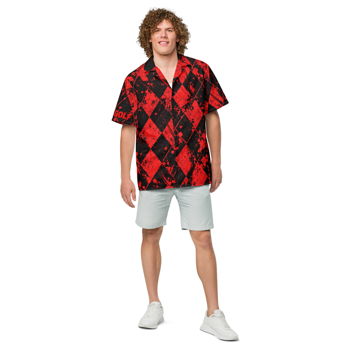 BLOOD IN THE WATER Black & Red Argyle Golf Shirt Unisex button shirt — front view