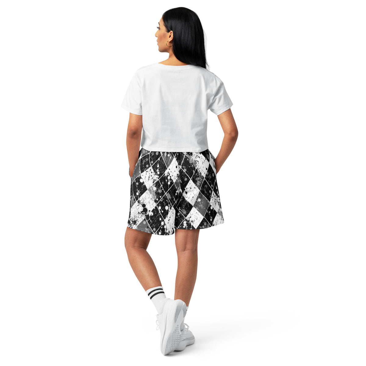 CLUB CHAOS — Black & White Argyle Long Shorts — back view