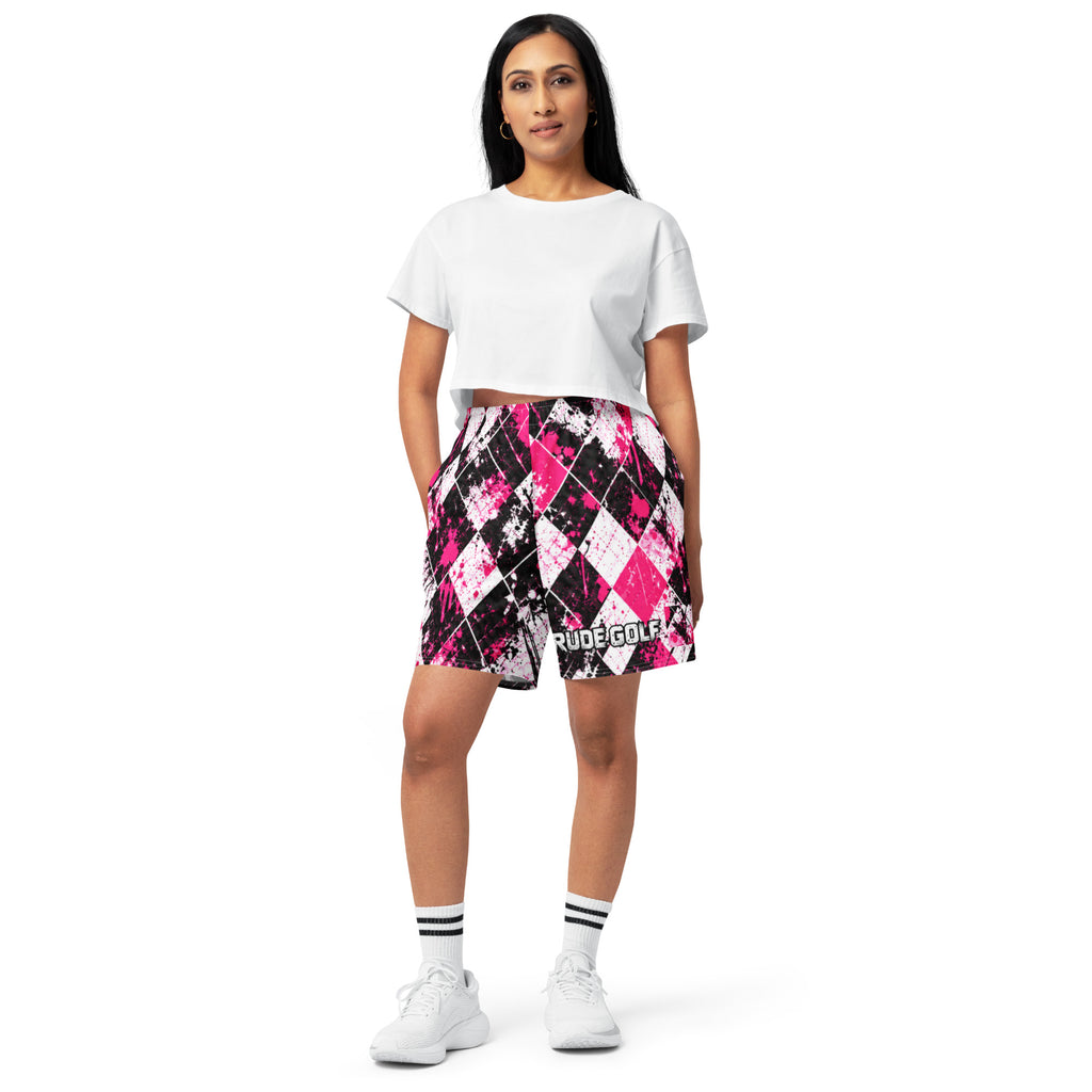 RUDE PINK — Pink Argyle Long Shorts — front view