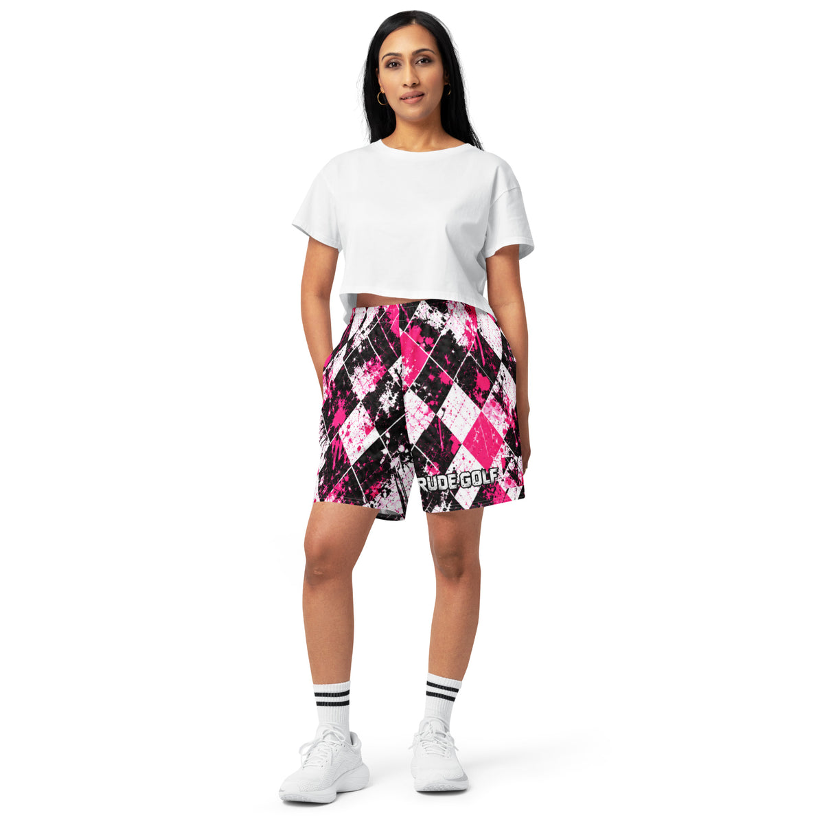 RUDE PINK — Pink Argyle Long Shorts — front view