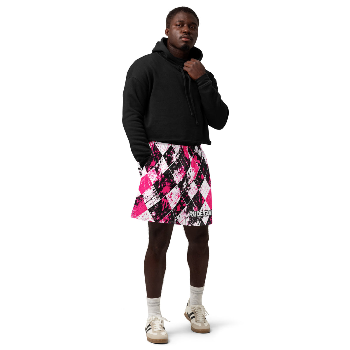 RUDE PINK — Pink Argyle Long Shorts — front view