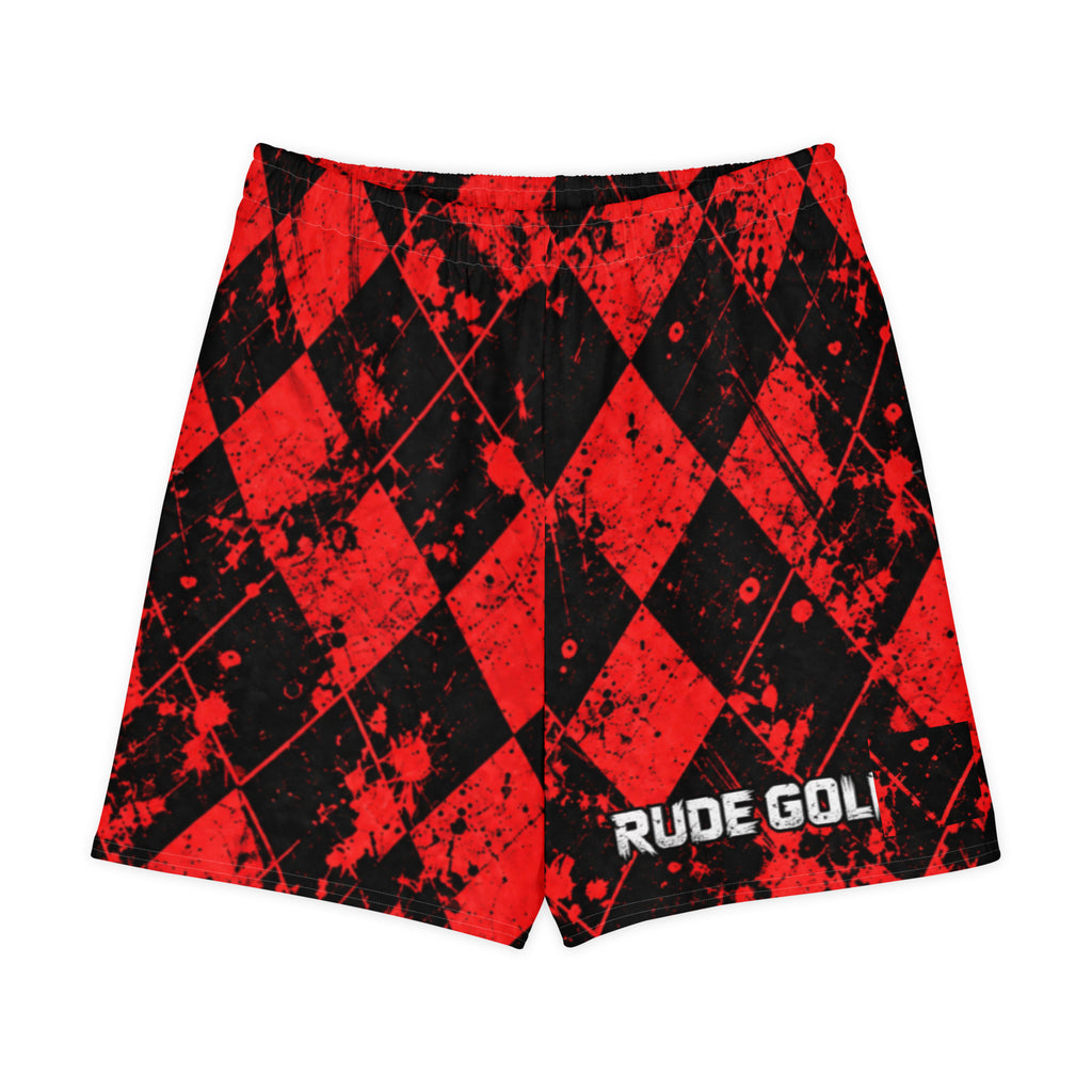 REDLINE RIOT — Red Argyle Long Shorts — front view
