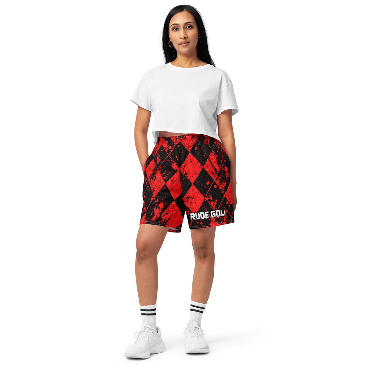 REDLINE RIOT — Red Argyle Long Shorts — front view