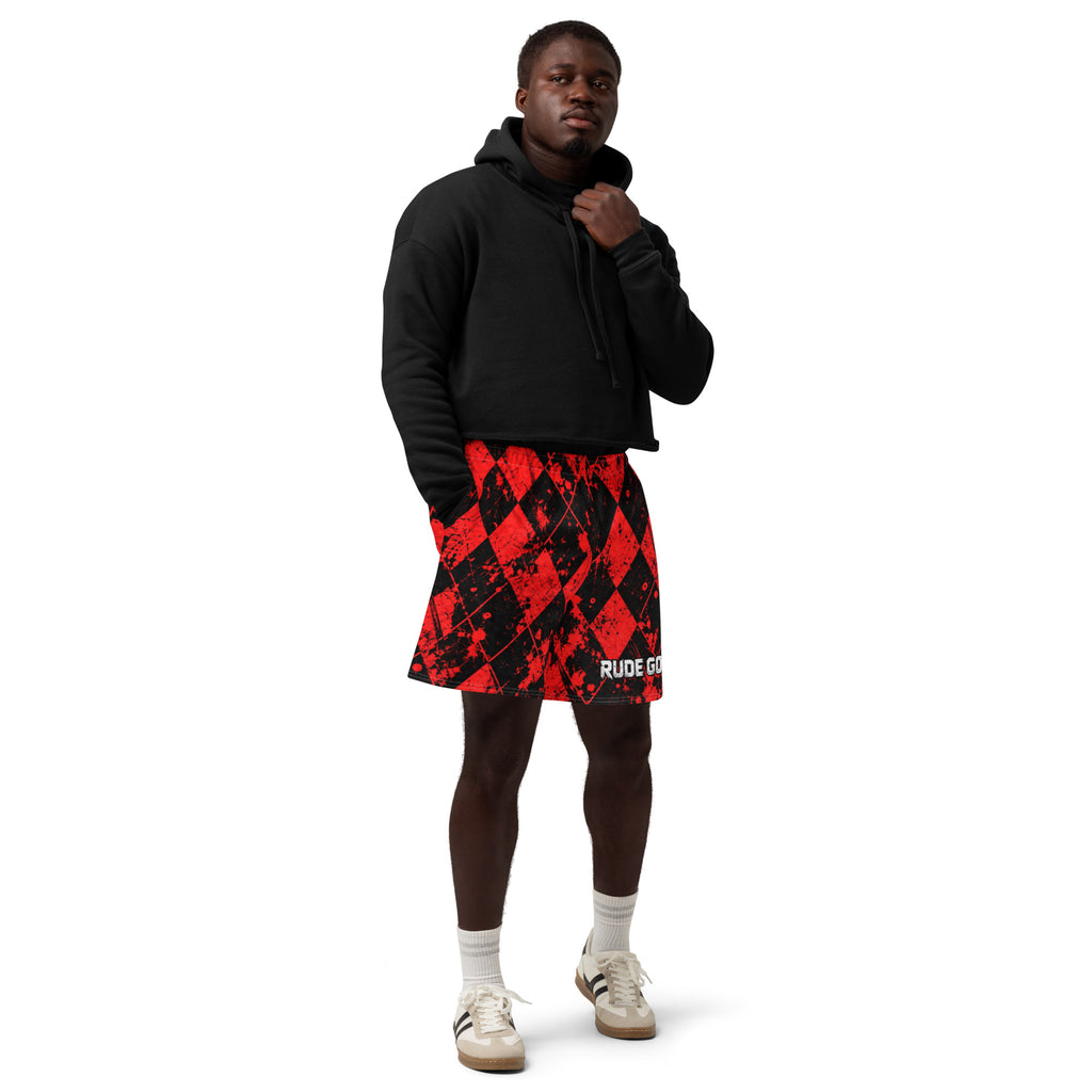 REDLINE RIOT — Red Argyle Long Shorts — front view