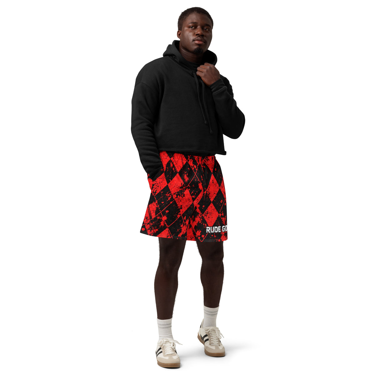 REDLINE RIOT — Red Argyle Long Shorts — front view