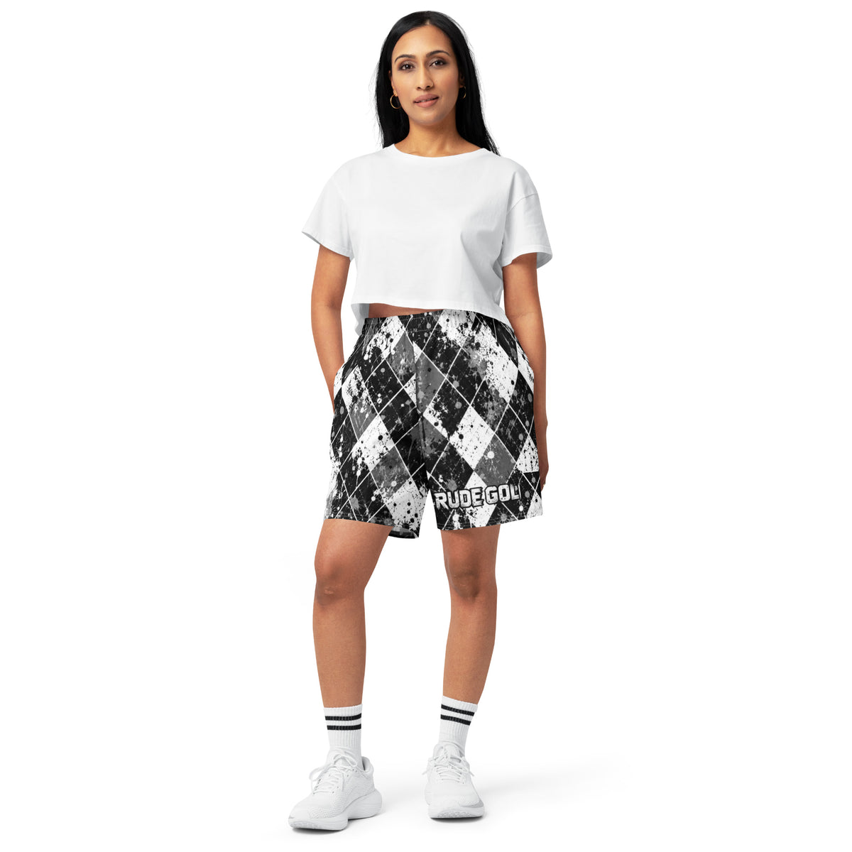 CLUB CHAOS — Black & White Argyle Long Shorts — front view