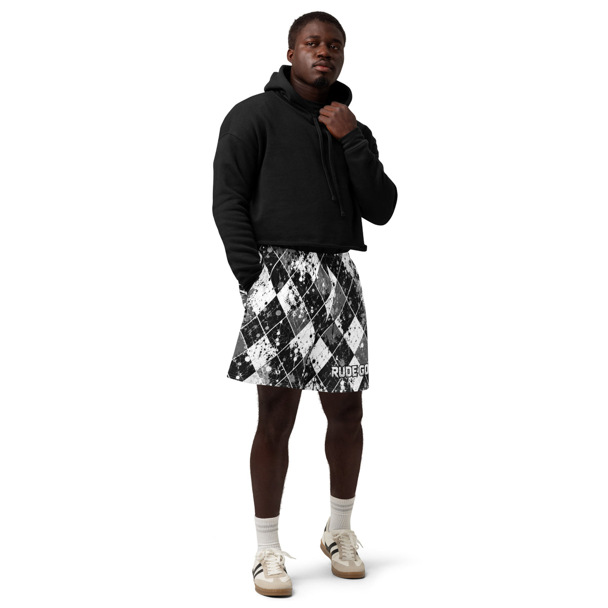 CLUB CHAOS — Black & White Argyle Long Shorts — front view