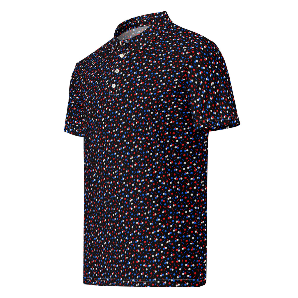 RED, WHITE & BLUE BALLS golf polo — left front view