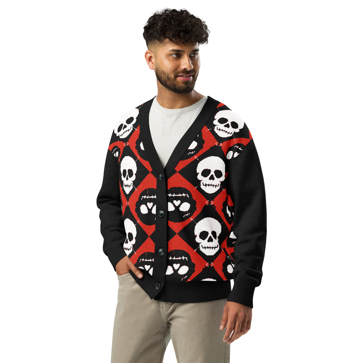 DEAD FORMAL — Skull Argyle Long-Sleeve Cardigan — front view