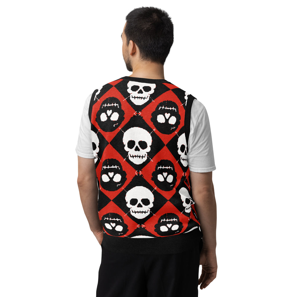 AFTERLIFE ARGYLE — Skull Argyle Knit V-Neck Vest — back view