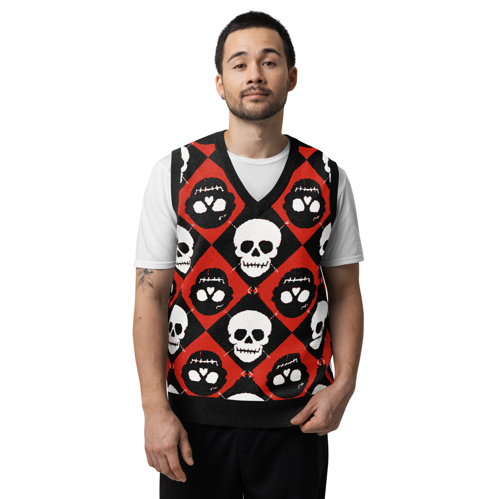 AFTERLIFE ARGYLE — Skull Argyle Knit V-Neck Vest — front view