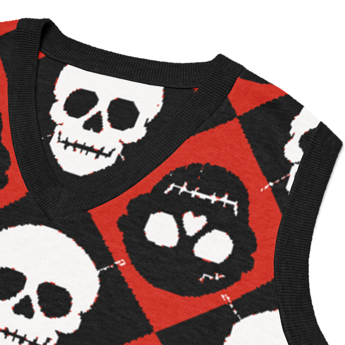 AFTERLIFE ARGYLE — Skull Argyle Knit V-Neck Vest — design detail